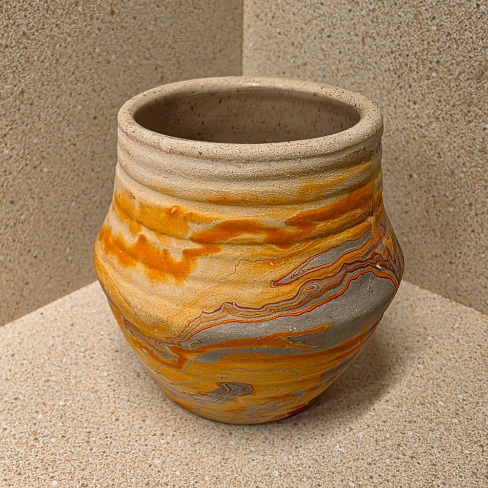 Small Nemadji Pottery Vase 2.5" Orange Marbled Swirl Native Clay USA Vintage